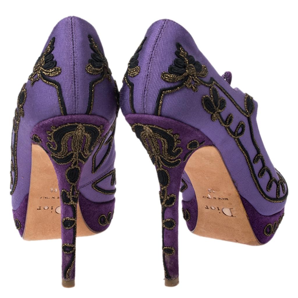 Women's Dior Purple Embroidered Canvas And Suede Platform Pumps Size 38