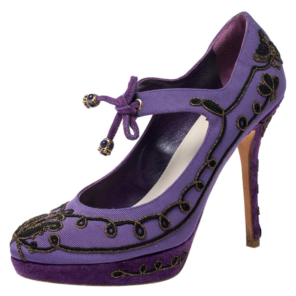 Dior Purple Embroidered Canvas And Suede Platform Pumps Size 38