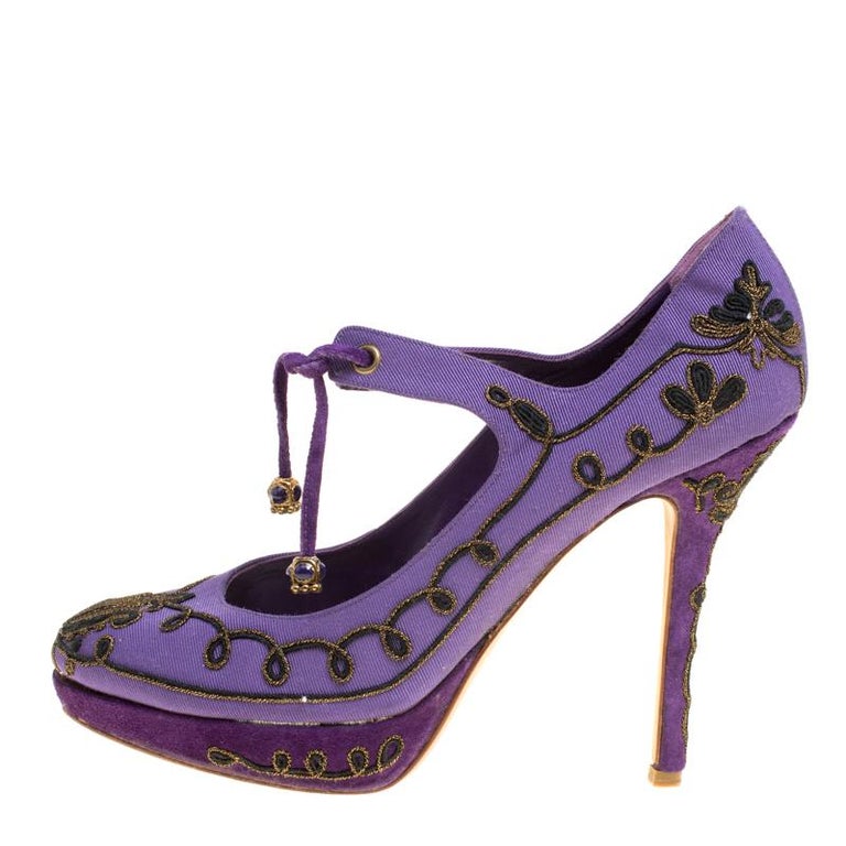 Dior Purple Embroidered Canvas and Suede Platform Pumps Size 39 For