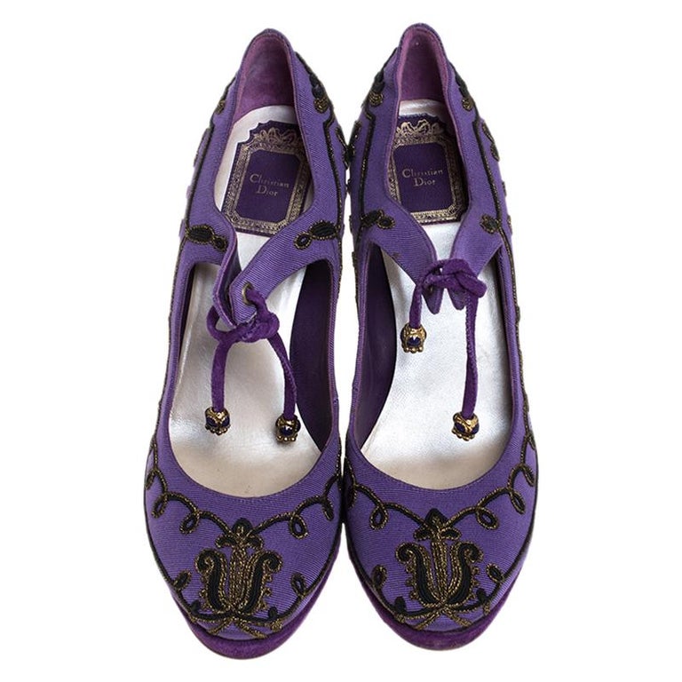 Dior Purple Embroidered Canvas Tie Platform Pumps Size 39 For Sale at