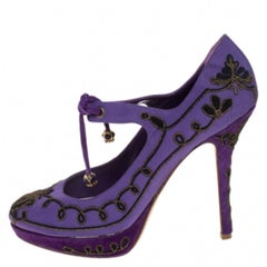 Dior Purple Embroidered Canvas Tie Platform Pumps Size 39