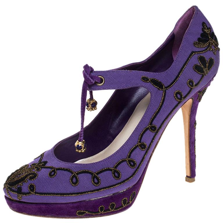 Dior Purple Embroidered Canvas Tie Platform Pumps Size 39 For Sale