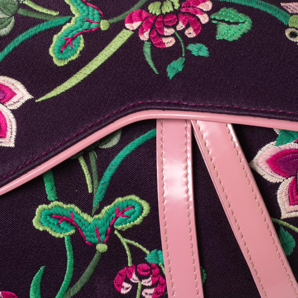 Dior Purple Embroidered Silk Limited Edition 0220 Floral And Koi Saddle Bag In Good Condition In Dubai, Al Qouz 2