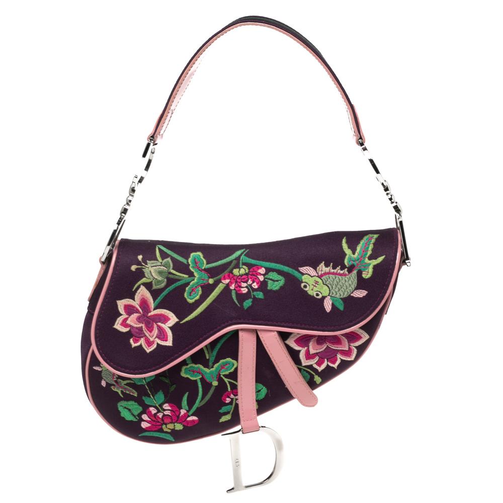 Dior Purple Embroidered Silk Limited Edition 0220 Floral And Koi Saddle Bag