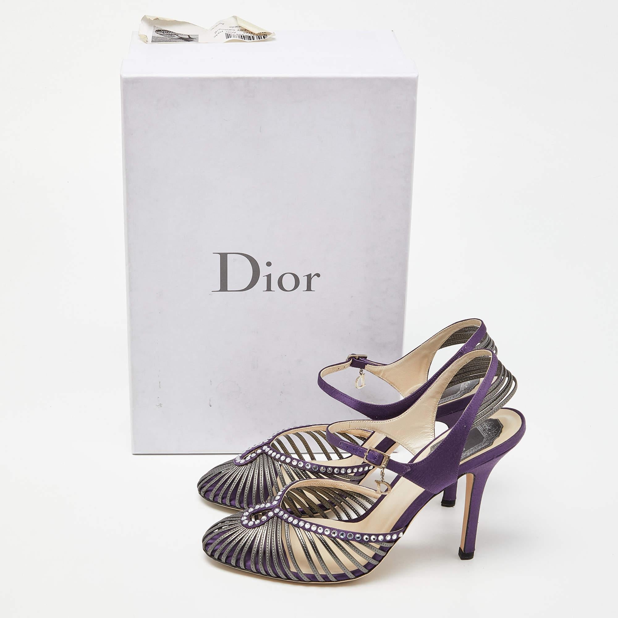 Dior Purple/Grey Satin and Leather Strappy Ankle Strap Sandals Size 38 5