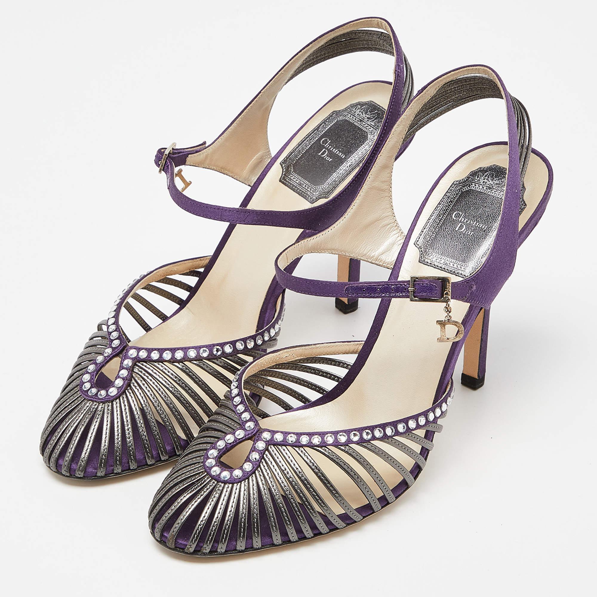 Gray Dior Purple/Grey Satin and Leather Strappy Ankle Strap Sandals Size 38