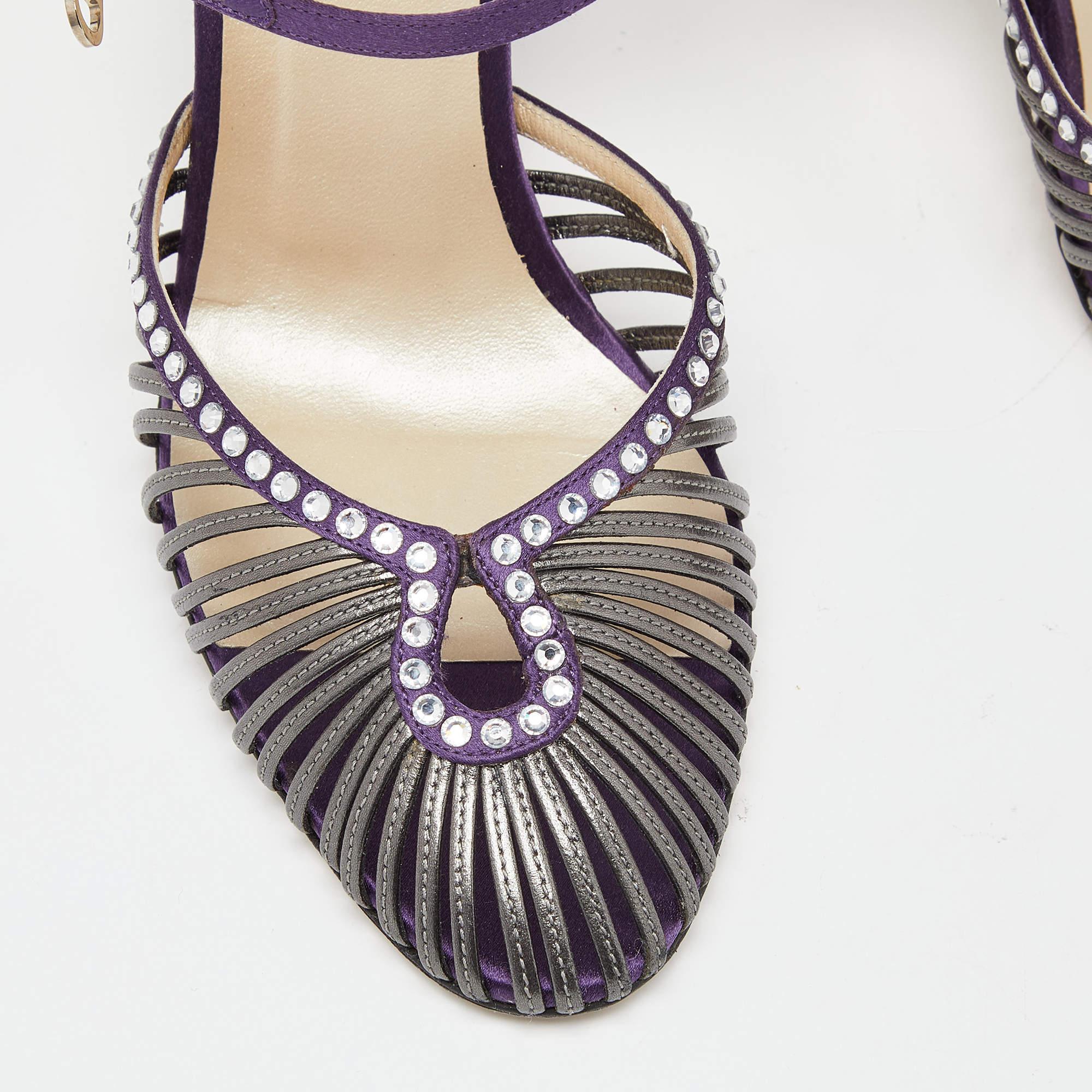 Dior Purple/Grey Satin and Leather Strappy Ankle Strap Sandals Size 38 In Good Condition In Dubai, Al Qouz 2
