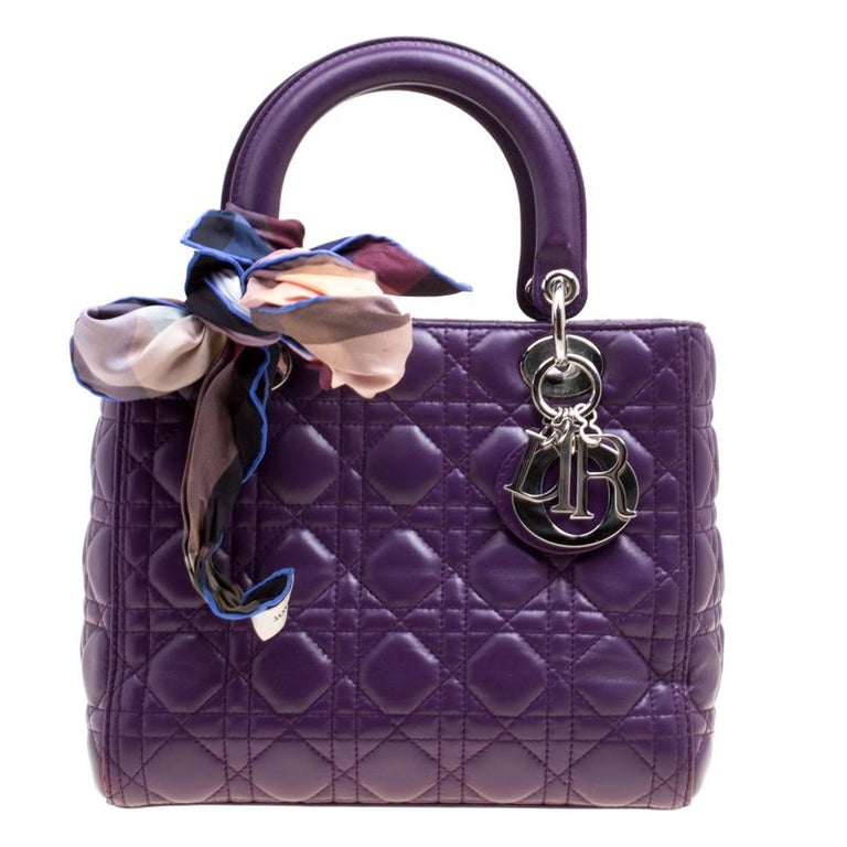 Dior Purple Leather Medium Lady Dior Top Handle Shoulder Bag For Sale