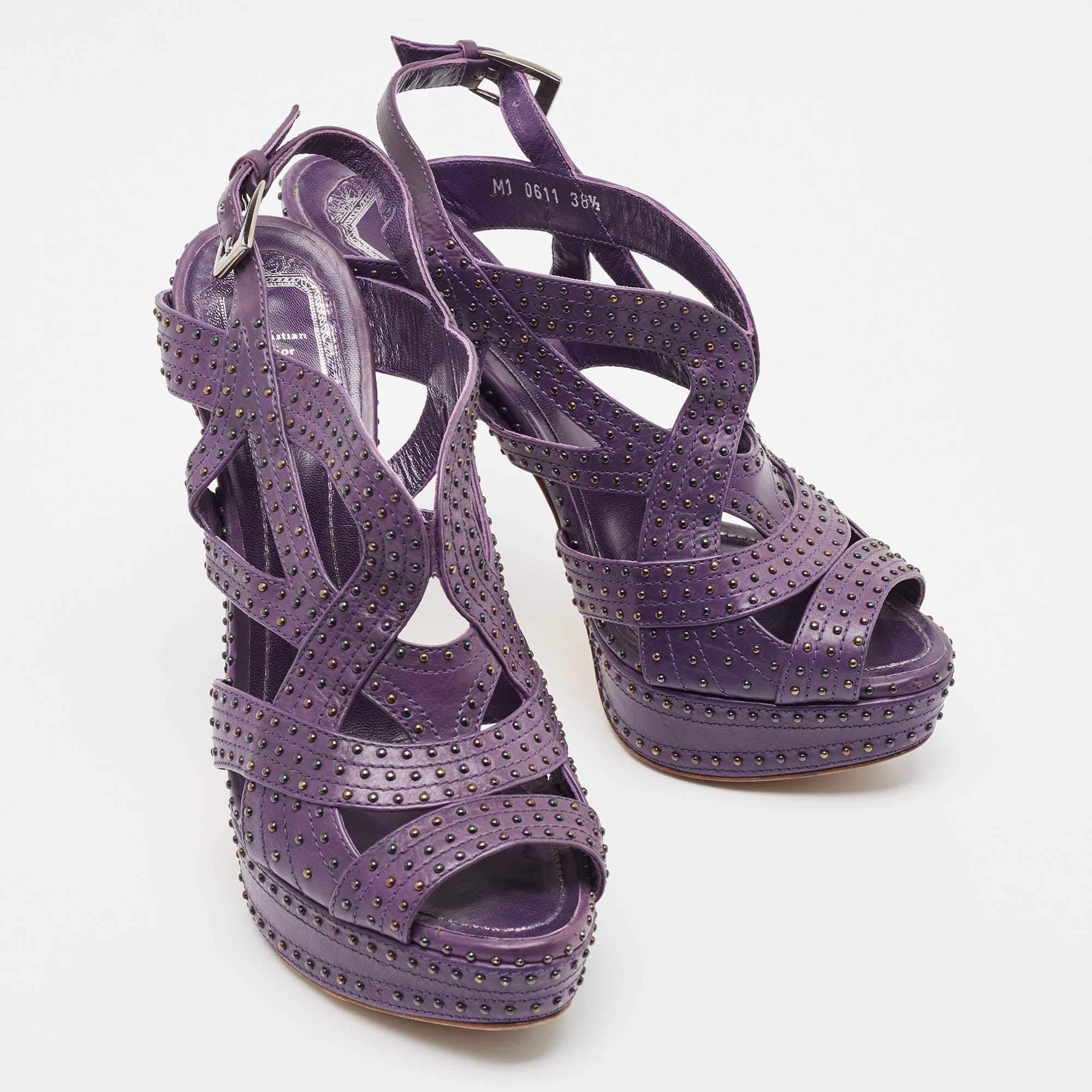 Women's Dior Purple Leather Studded Platform Ankle Strap Sandals Size 38.5 For Sale