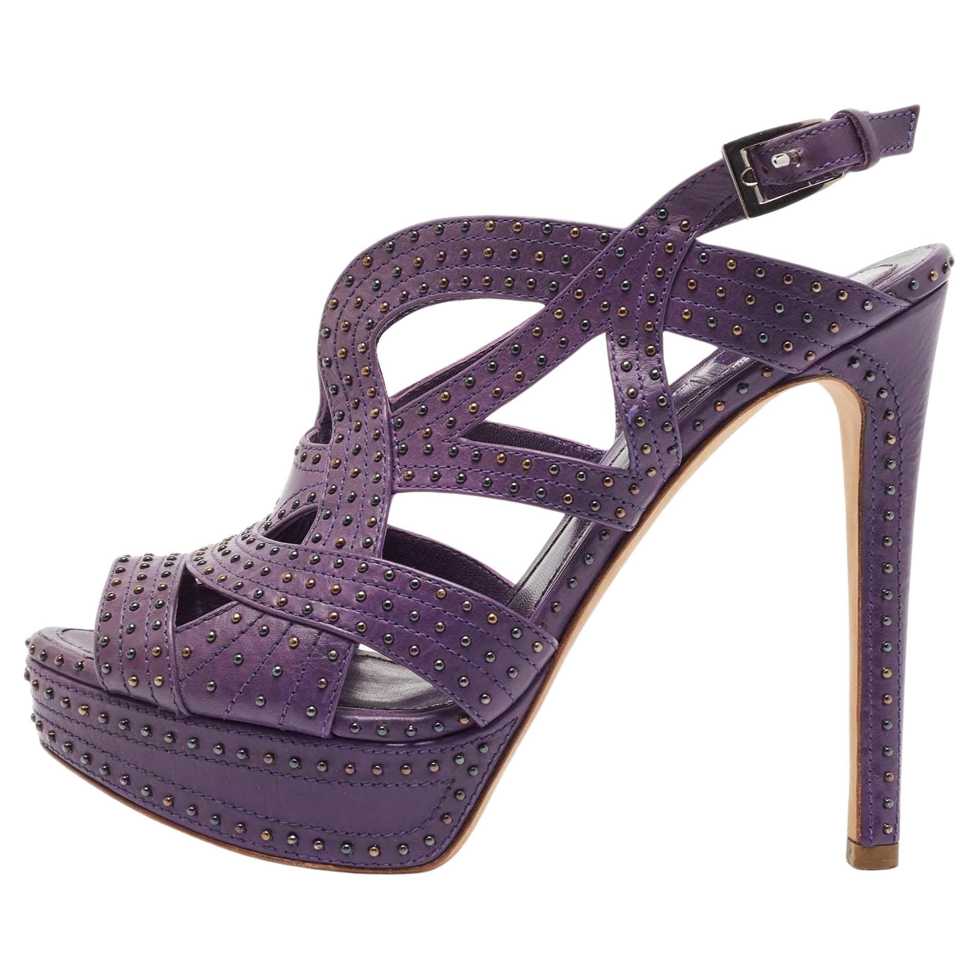 Dior Purple Leather Studded Platform Ankle Strap Sandals Size 38.5 For Sale