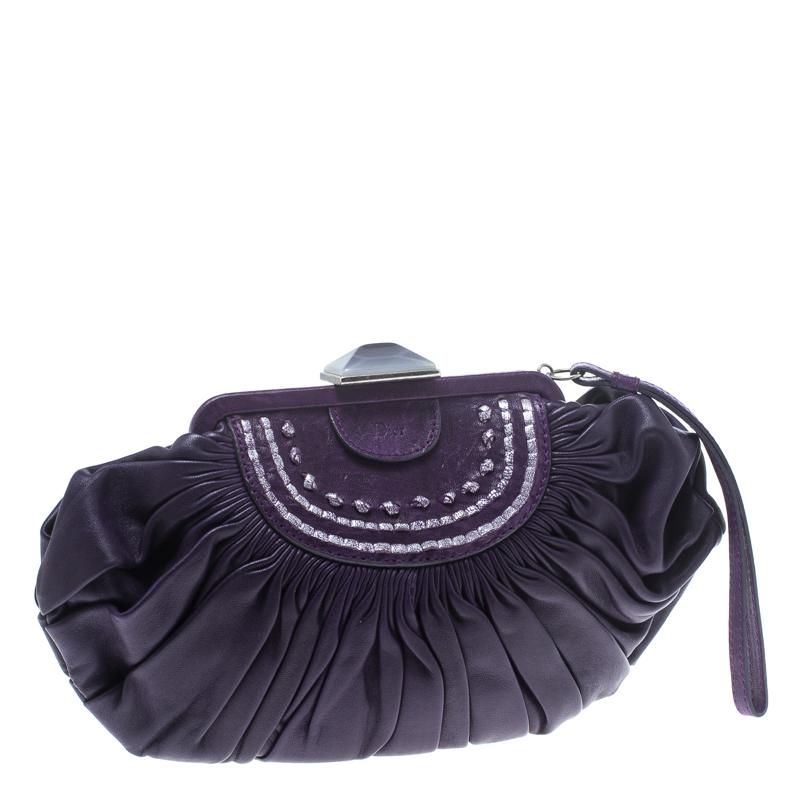 Dior Purple Pleated Leather Frame Clutch In Good Condition In Dubai, Al Qouz 2