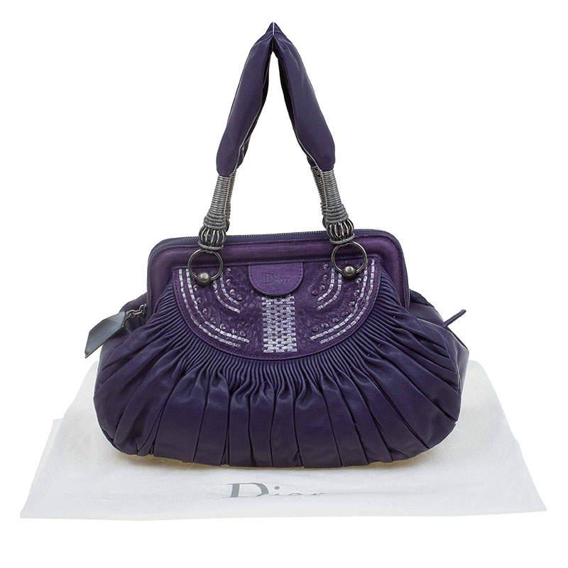 Dior Purple Pleated Leather Plisse Satchel For Sale 14