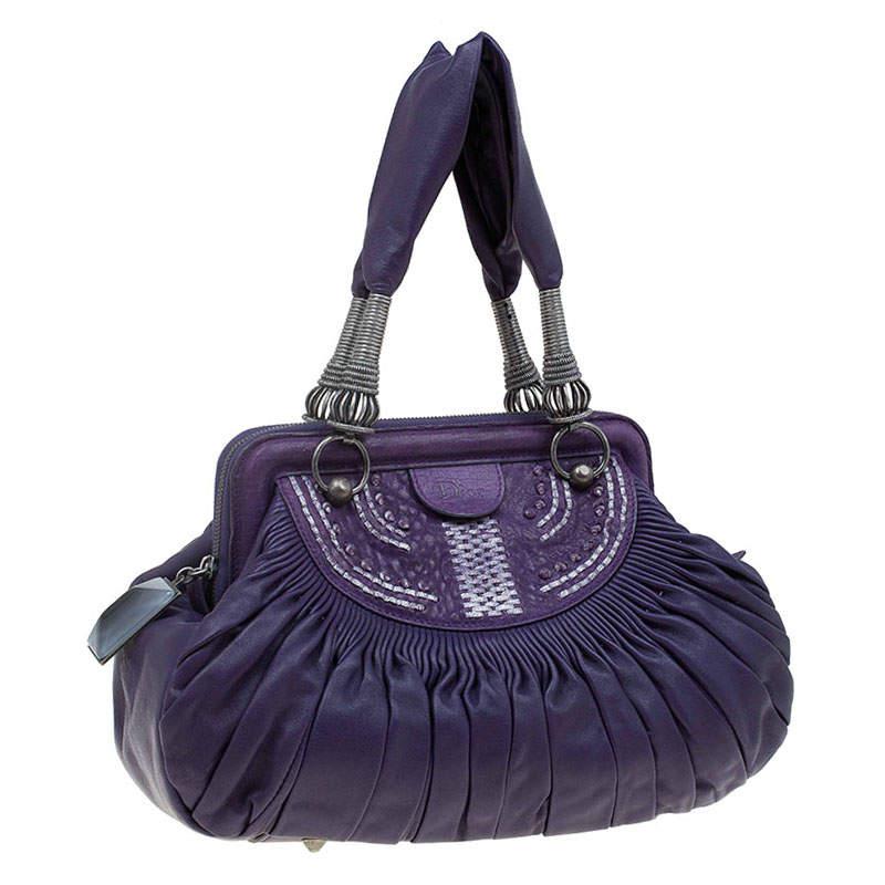 Dior Purple Pleated Leather Plisse Satchel In Good Condition For Sale In Dubai, Al Qouz 2