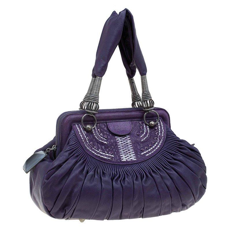 Black Dior Purple Pleated Leather Plisse Satchel