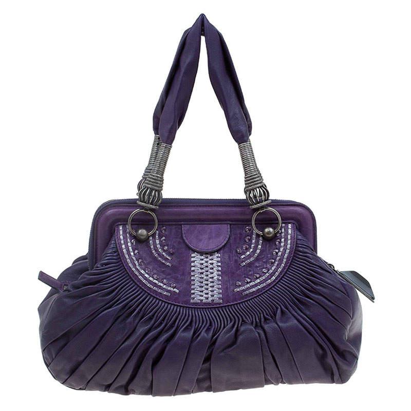 Women's Dior Purple Pleated Leather Plisse Satchel For Sale