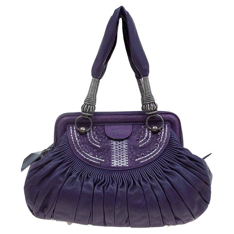 Dior Purple Pleated Leather Plisse Satchel For Sale