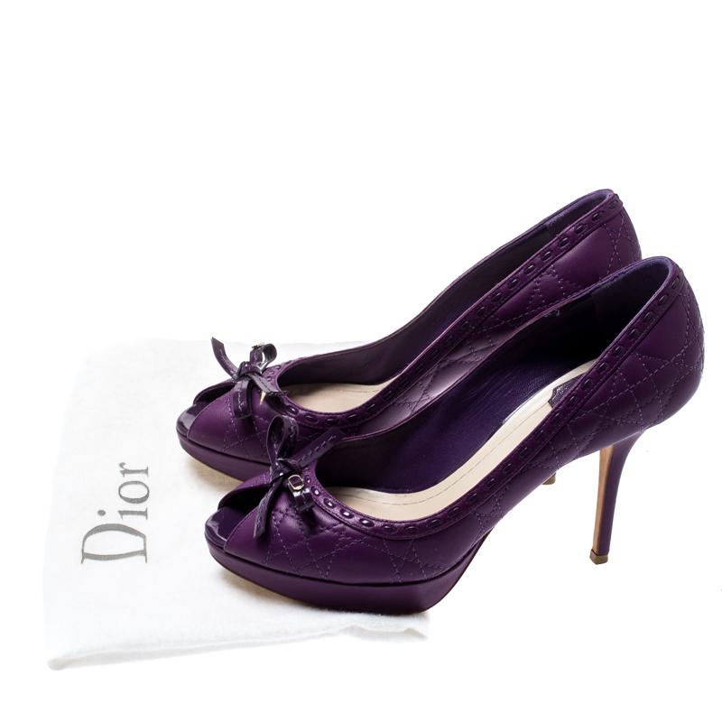Women's Dior Purple Quilted Cannage Leather Sweet Peep Toe Platform Pumps Size 37