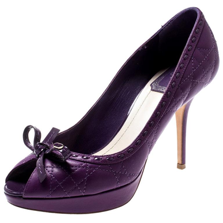 Dior Purple Quilted Cannage Leather Sweet Peep Toe Platform Pumps Size 37
