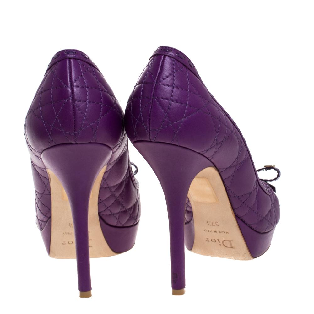 Women's Dior Purple Quilted Cannage Leather Sweet Peep Toe Platform Pumps Size 37.5