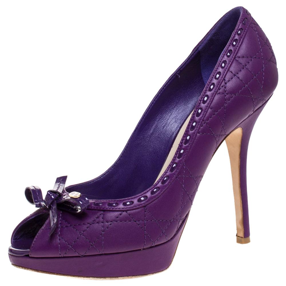Dior Purple Quilted Cannage Leather Sweet Peep Toe Platform Pumps Size 37.5