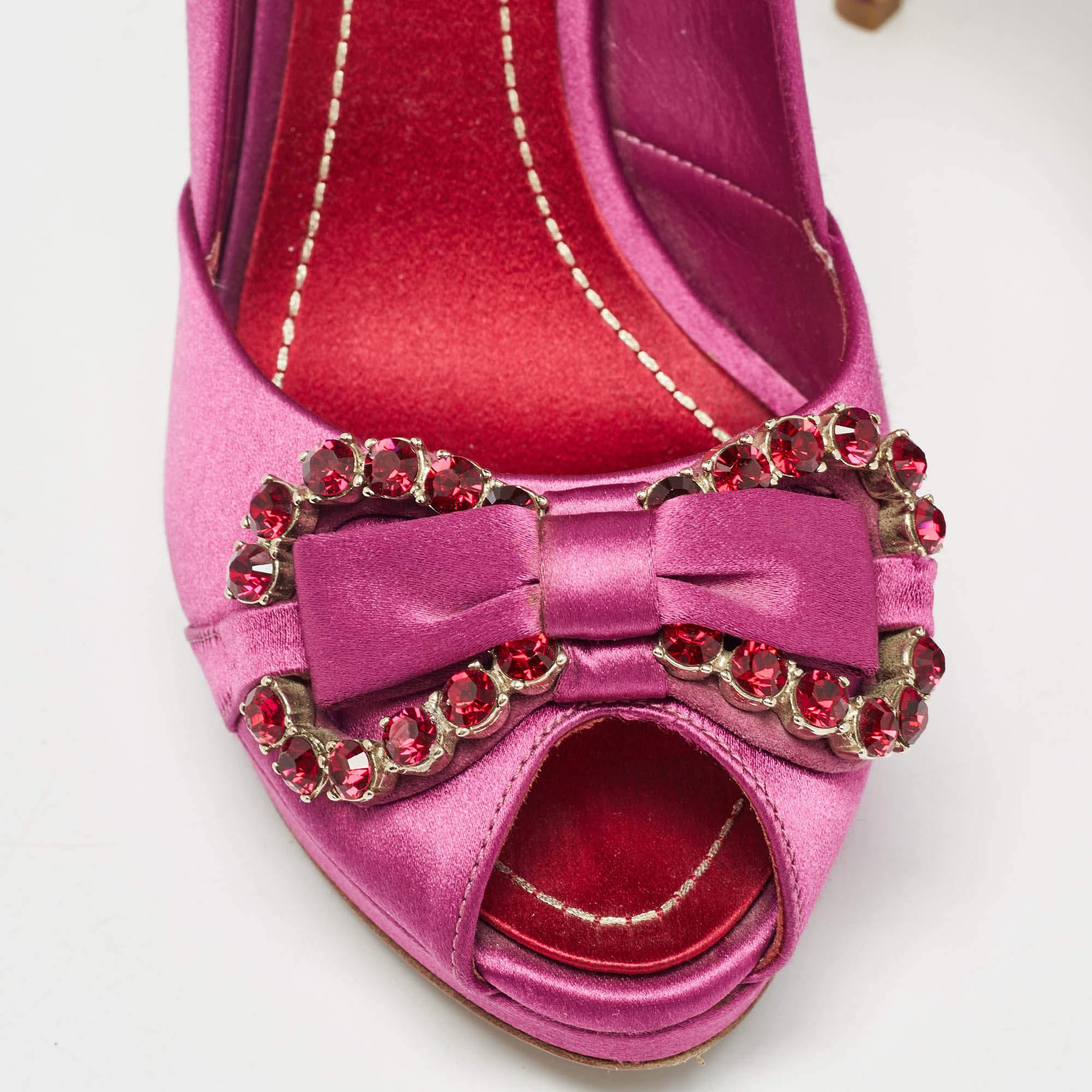 Dior Purple Satin Crystal Embellished Bow Peep Toe Pumps Taglia 38 2