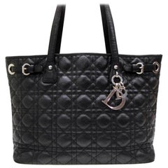 Vintage Dior Quilted Leather Cannage Shopper Tote 233793 Black Canvas Shoulder Bag