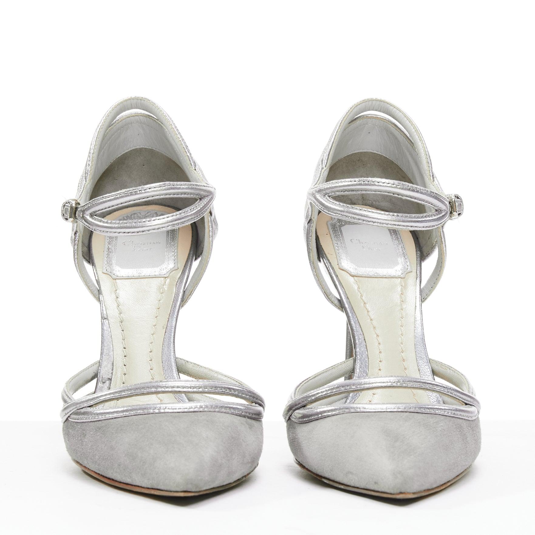 Silver DIOR Raf Simons grey suede metallic silver trims strappy pumps EU35.5 For Sale
