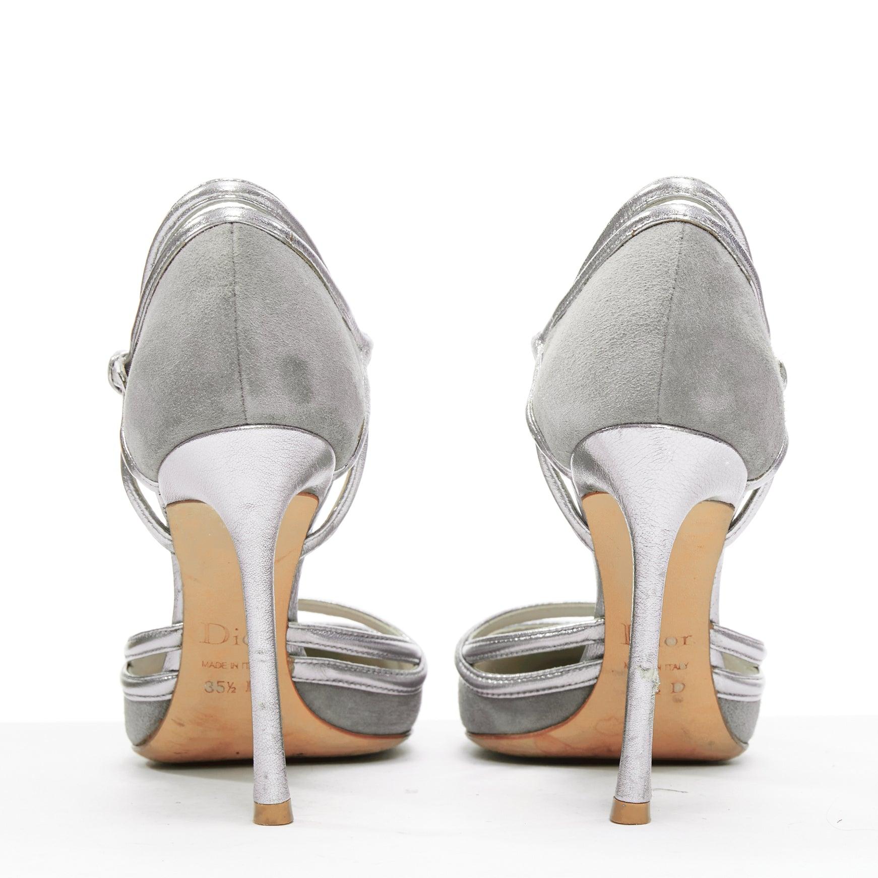Women's DIOR Raf Simons grey suede metallic silver trims strappy pumps EU35.5 For Sale