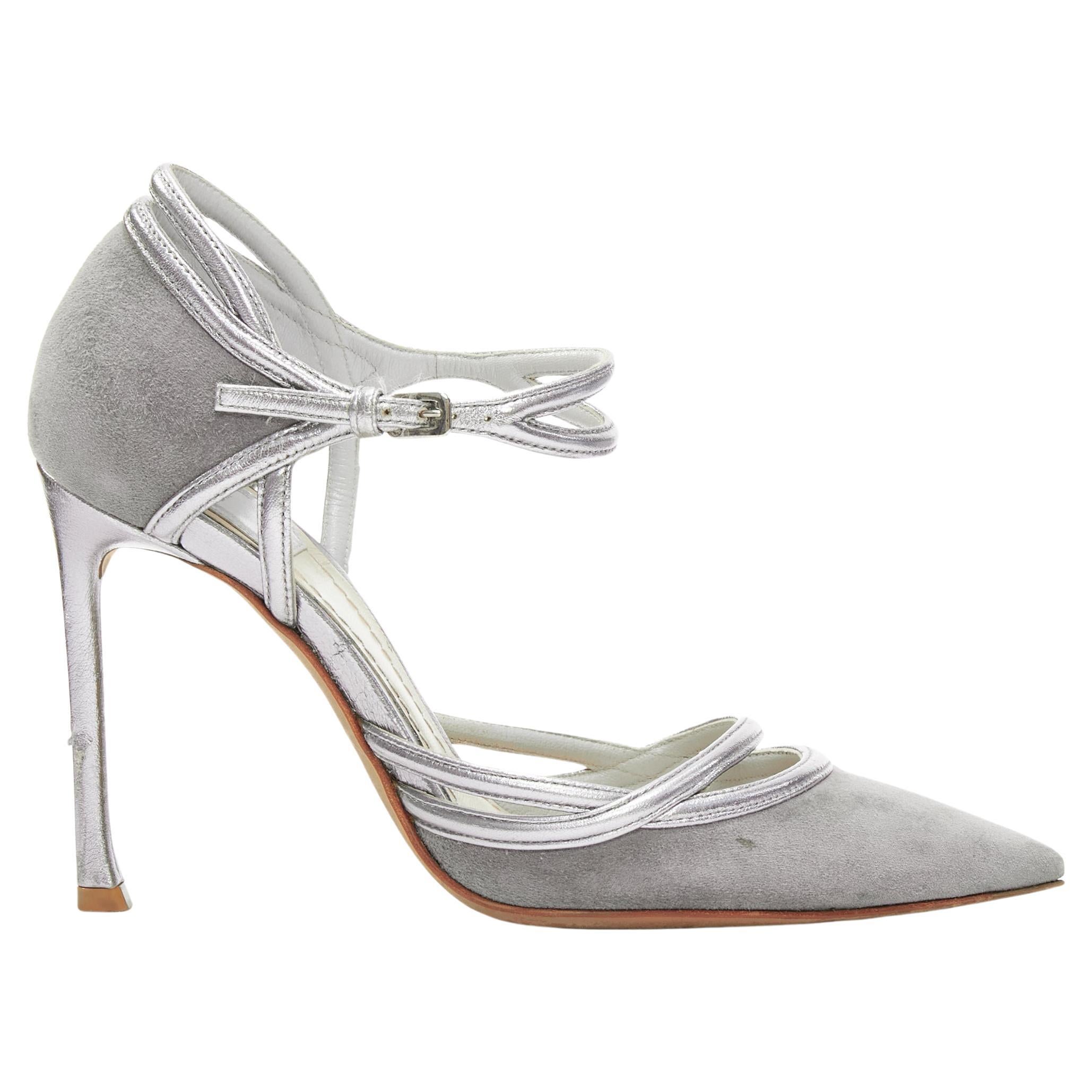 DIOR Raf Simons grey suede metallic silver trims strappy pumps EU35.5 For Sale