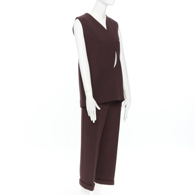 DIOR RAF SIMONS maroon brown virgin wool panel slit cut-out top bottom set FR38 In Good Condition In Hong Kong, NT