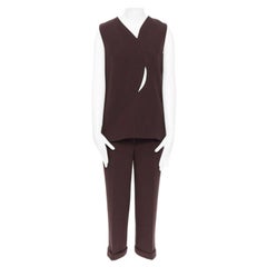 DIOR RAF SIMONS maroon brown virgin wool panel slit cut-out top bottom set FR38
