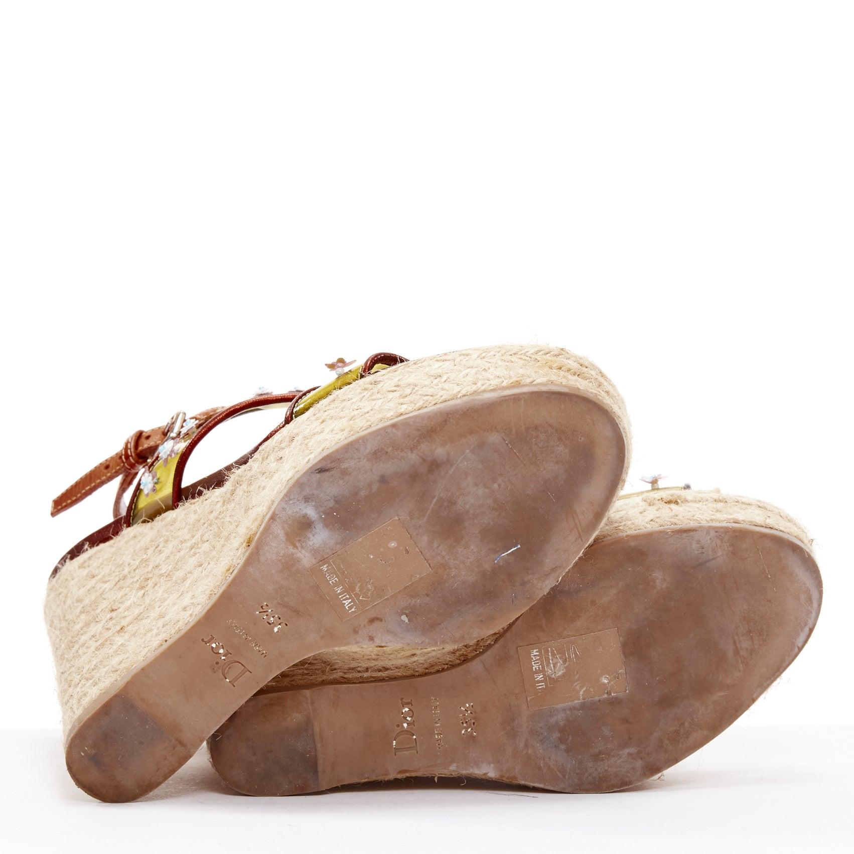 DIOR Raf Simons yellow PVC strap floral brown strap  jute wedges EU35.5 For Sale 6
