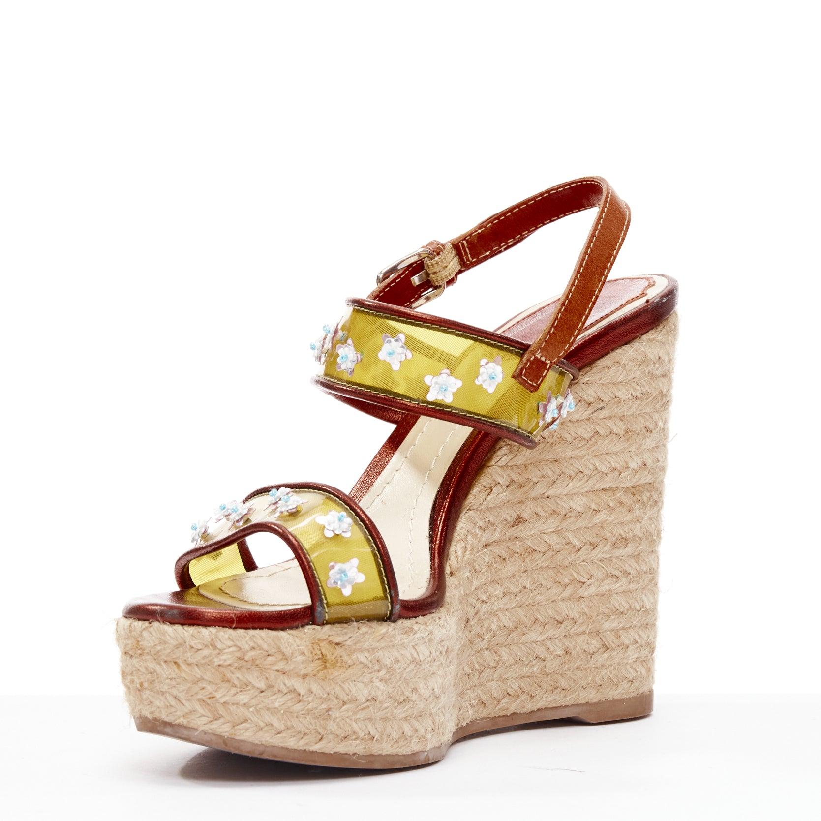 DIOR Raf Simons yellow PVC strap floral brown strap  jute wedges EU35.5 In Fair Condition For Sale In Hong Kong, NT