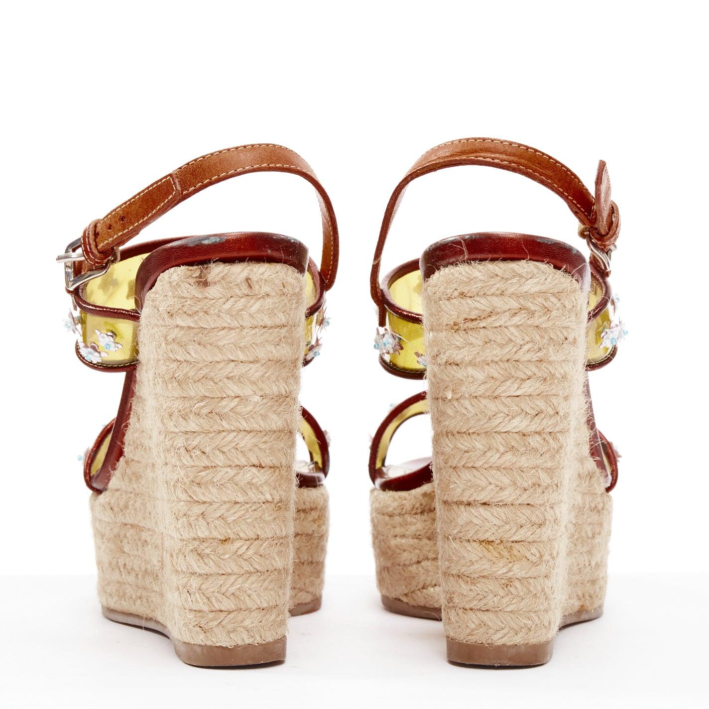 Women's DIOR Raf Simons yellow PVC strap floral brown strap  jute wedges EU35.5 For Sale