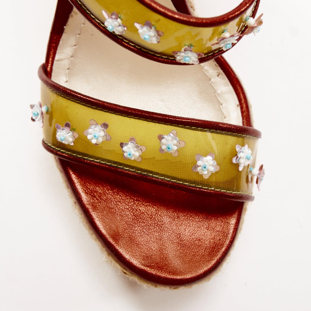 DIOR Raf Simons yellow PVC strap floral brown strap  jute wedges EU35.5 For Sale 1
