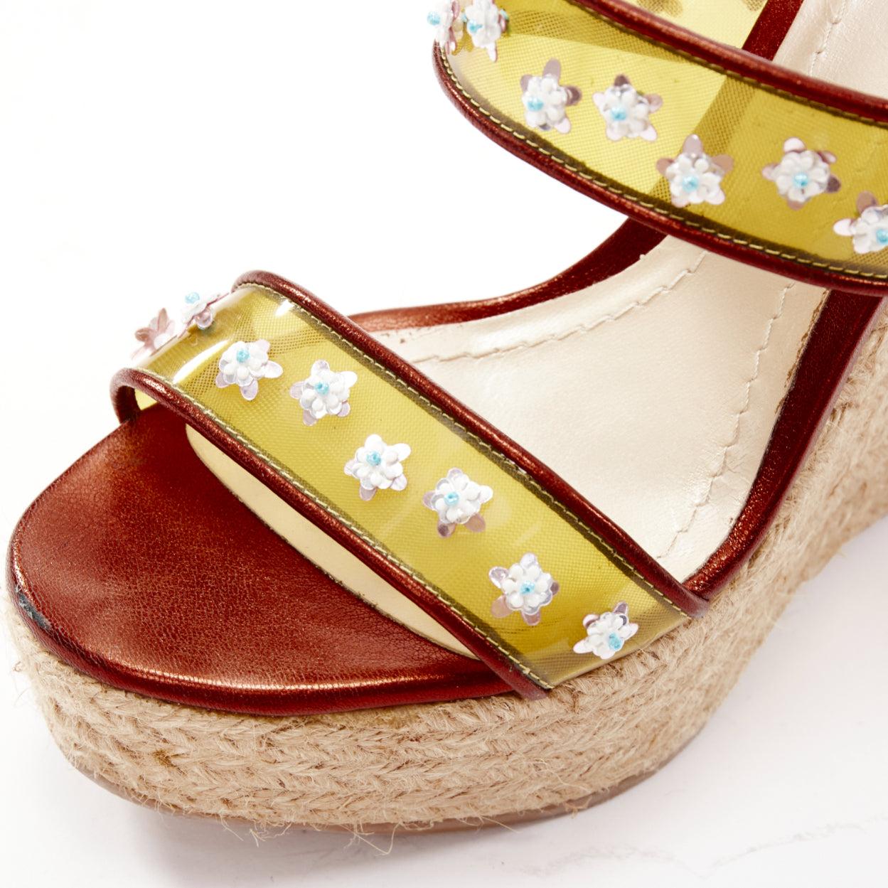 DIOR Raf Simons yellow PVC strap floral brown strap  jute wedges EU35.5 For Sale 2