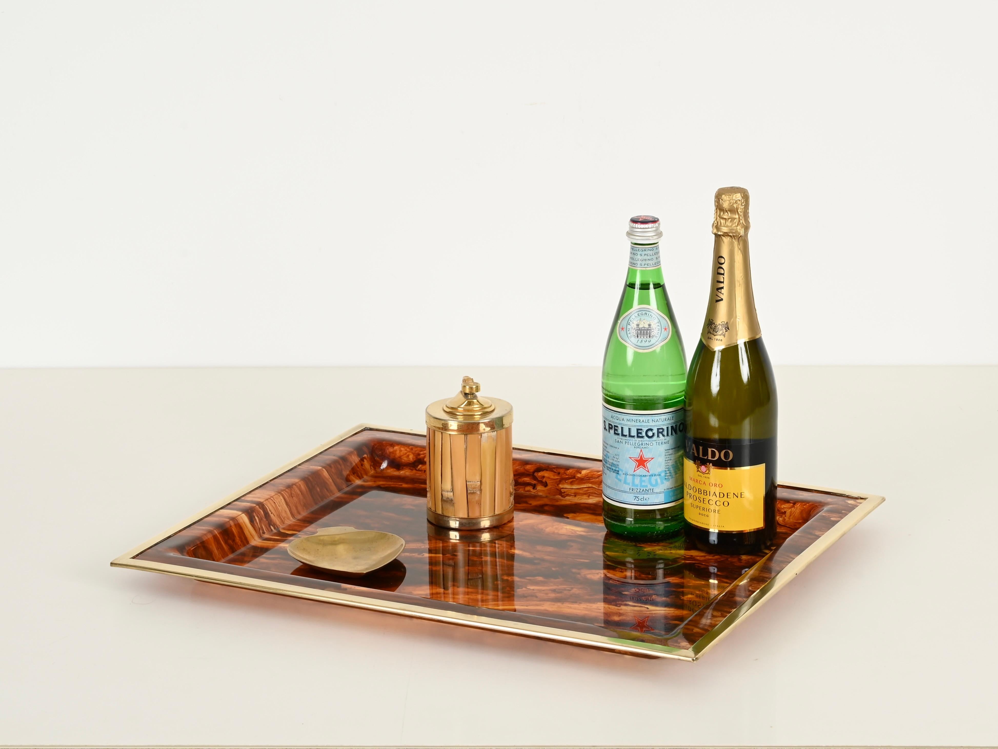XX secolo Dior Rectangular Tortoiseshell Effect Lucite and Brass Serving Tray, Italy 1970s in vendita