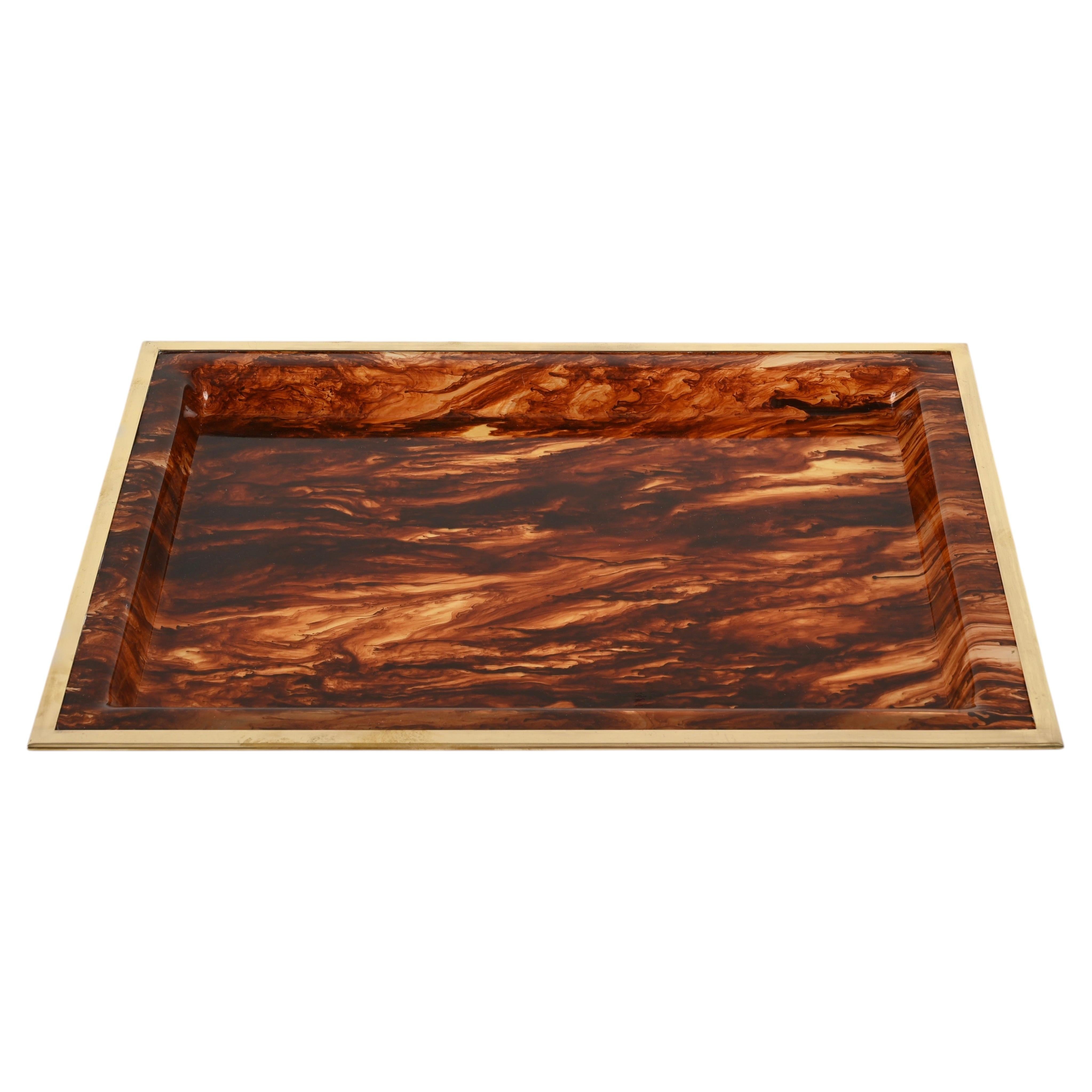 Dior Rectangular Tortoiseshell Effect Lucite and Brass Serving Tray, Italy 1970s For Sale