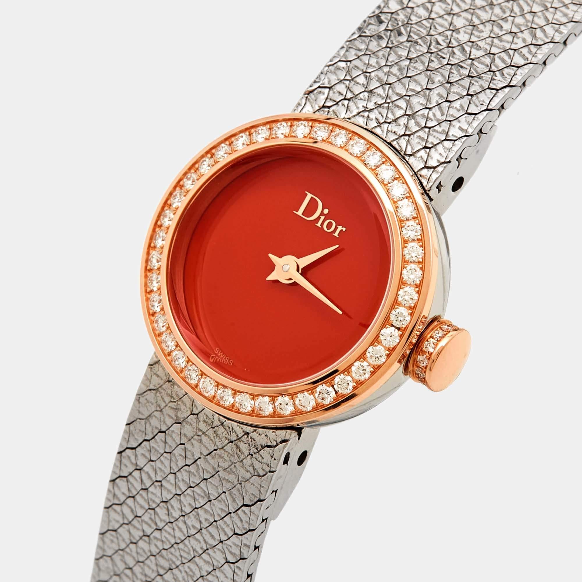 The Dior La De Dior CD04012X1001 wristwatch is a luxurious timepiece. It features an elegant blend of 18k rose gold and stainless steel, adorned with dazzling diamonds. The watch's design is a harmonious fusion of fashion and functionality, making