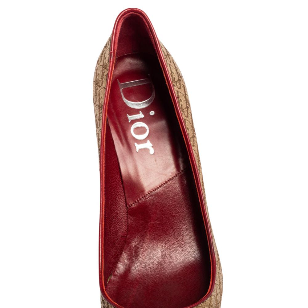 Dior Red-Beige Oblique Canvas And Leather Logo Pointed Toe Pumps Size 38 1