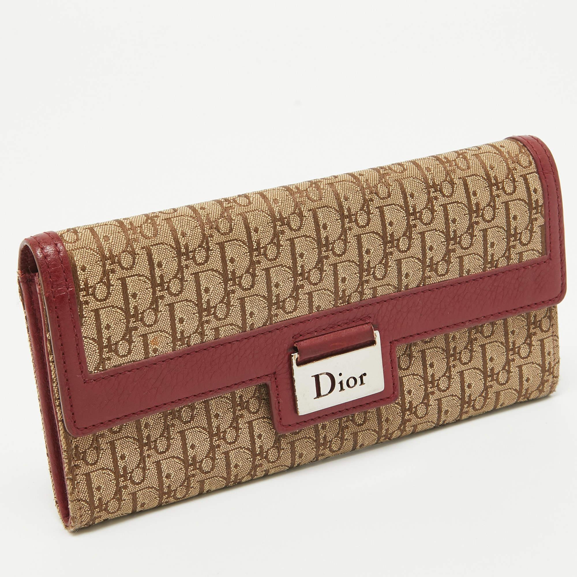 Marron Portefeuille Street Chic en cuir et tissu oblique rouge/beige Dior
