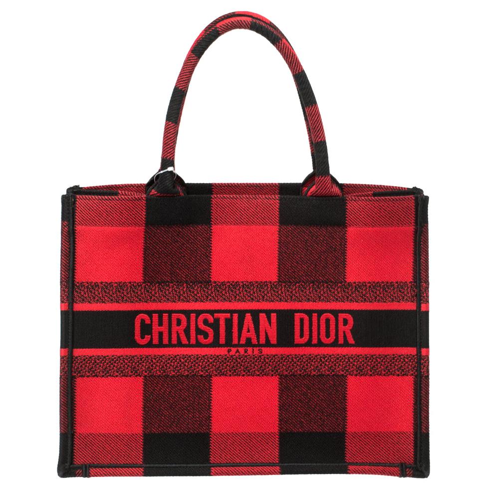Dior Red/Black Plaid Canvas Book Tote
