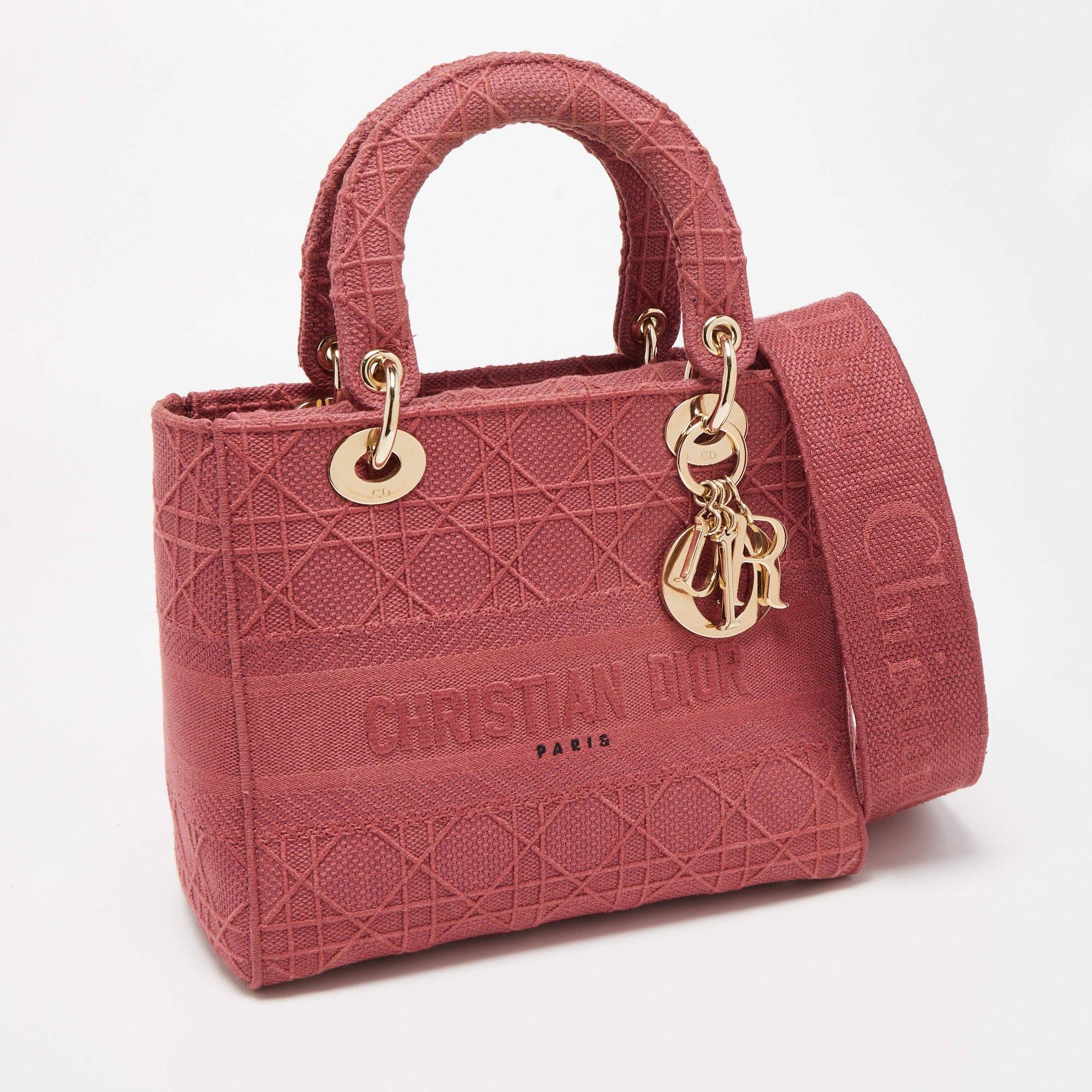 Dior Red Cannage Embroidered Canvas Medium Lady D-Lite Tote In Excellent Condition In Dubai, Al Qouz 2