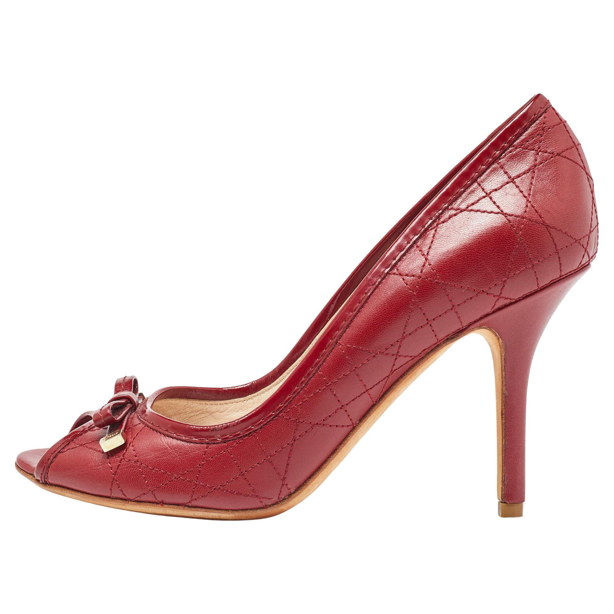 Dior Red Cannage Leather Bow Peep Toe Pumps Size 37 For Sale