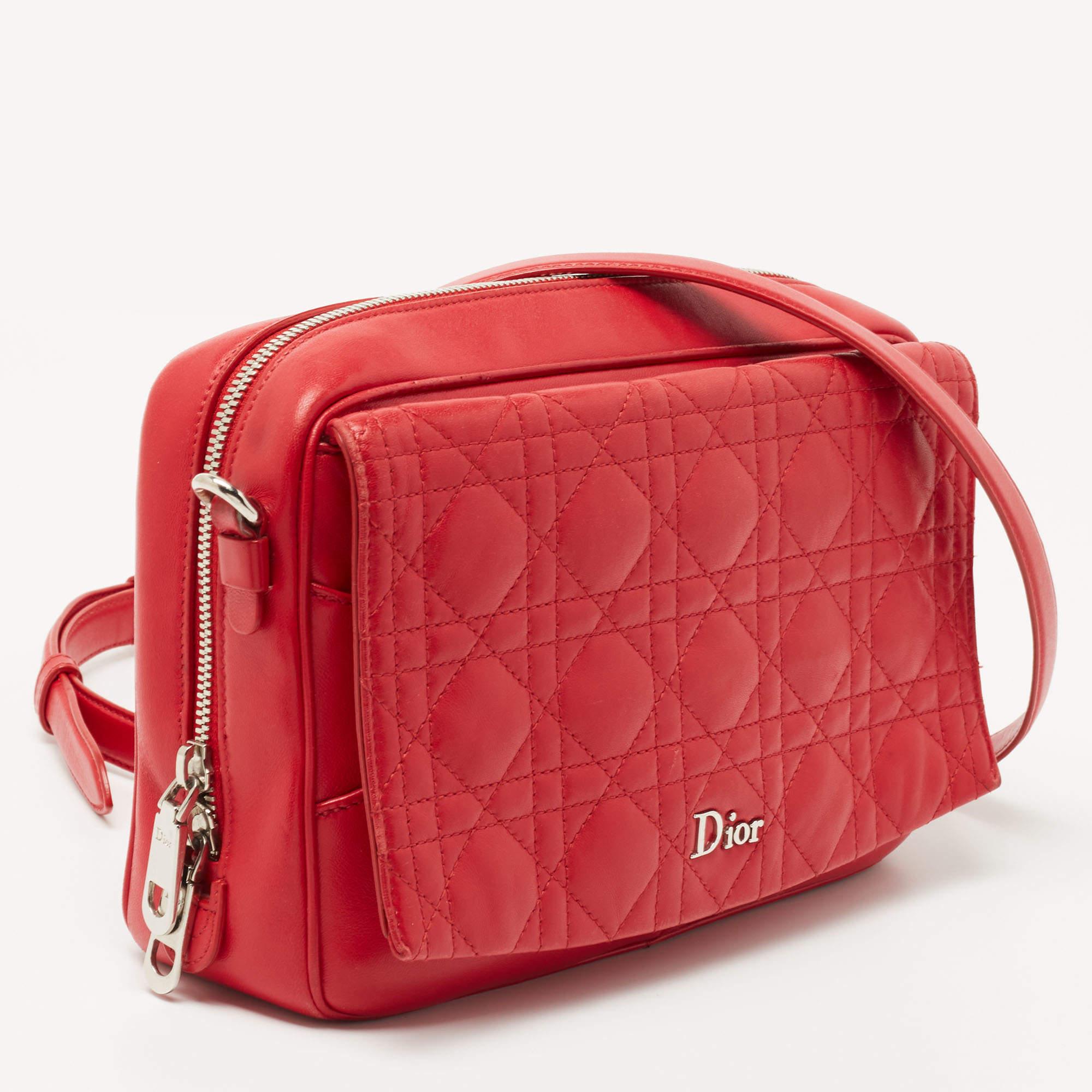 Women's Dior Red Cannage Leather Flap Camera Shoulder Bag