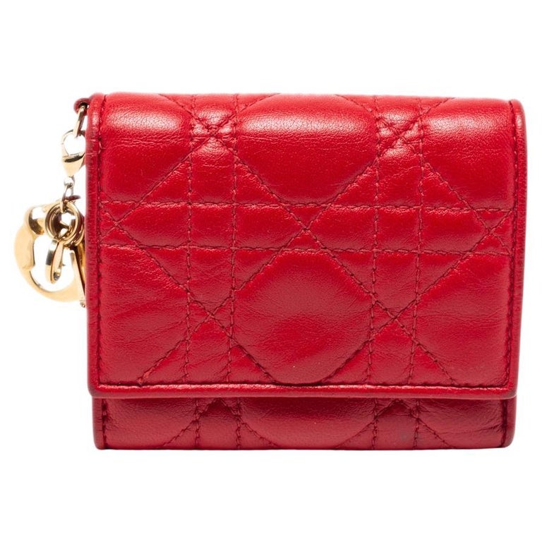 Dior Red Cannage Leather Lady Dior Trifold Compact Wallet For Sale at