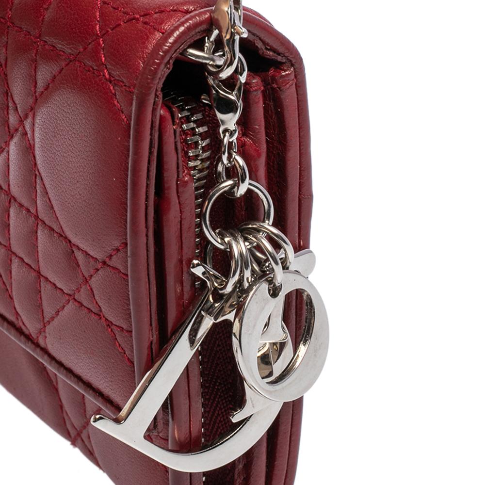 Dior Red Cannage Leather Lady Dior Wallet on Chain In Good Condition In Dubai, Al Qouz 2