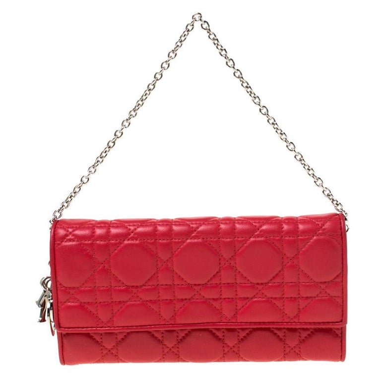 Dior Red Cannage Leather Lady Dior Wallet On Chain For Sale at 1stDibs