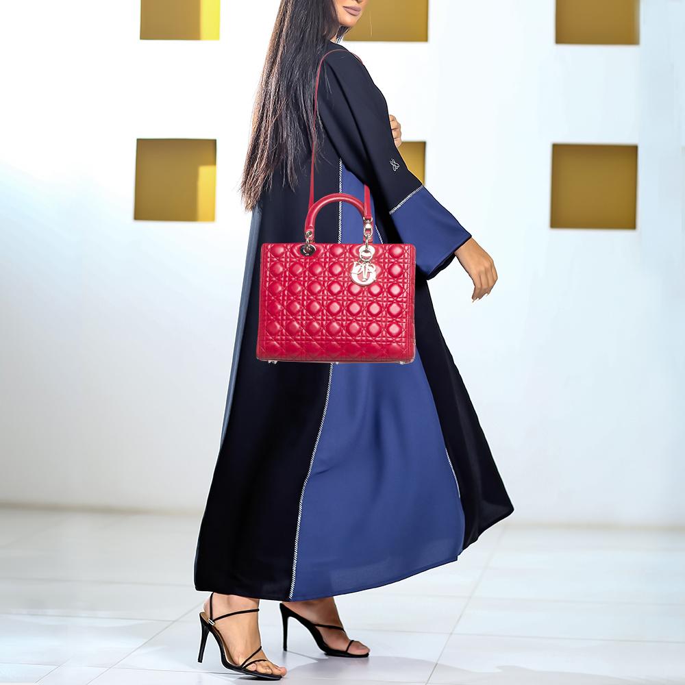 Dior Red Cannage Leather Large Lady Dior Tote In Good Condition In Dubai, Al Qouz 2