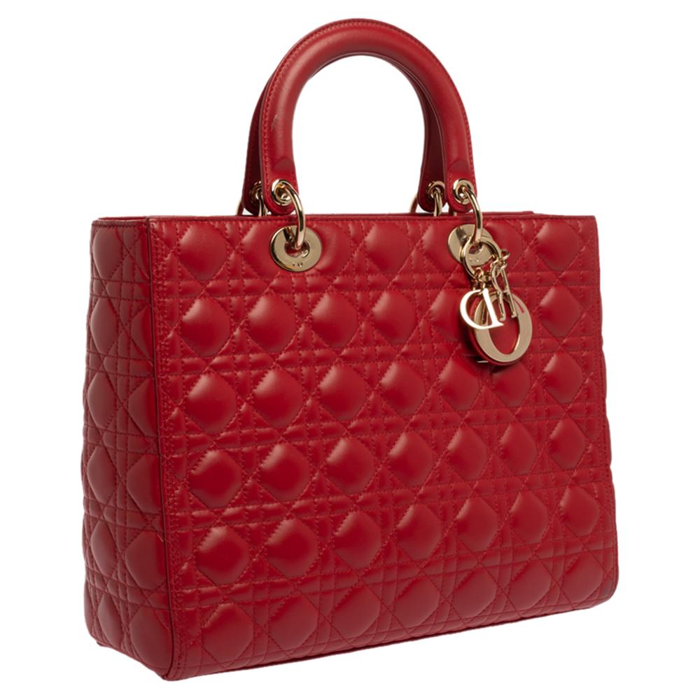Women's Dior Red Cannage Leather Large Lady Dior Tote